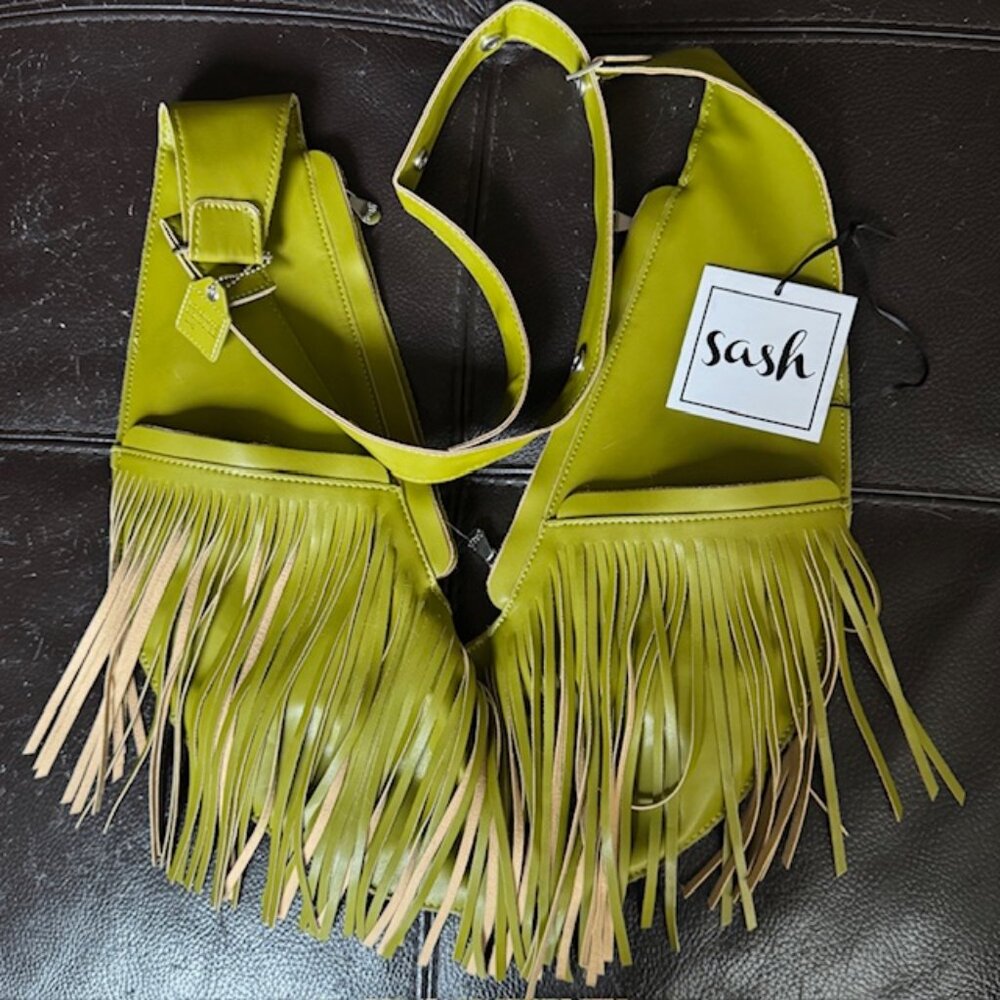 SASH Crossbody Bag Pea Green Fringe Vegan Leather Sling Adjustable Pockets